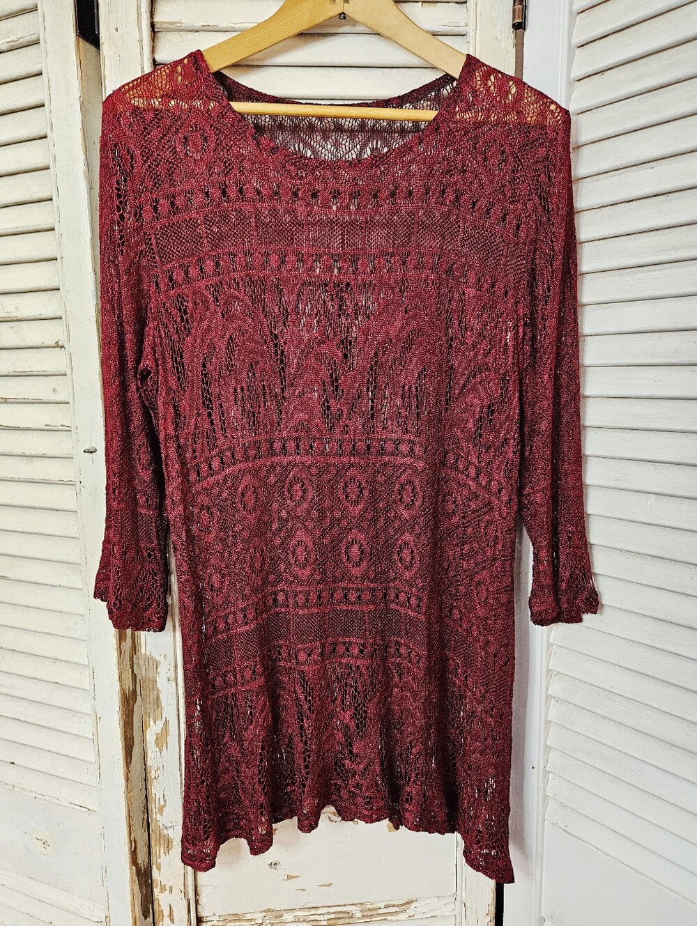 Vintage Y2K Burgundy Crochet Tunic Length Top Witchy Bohemian Medium